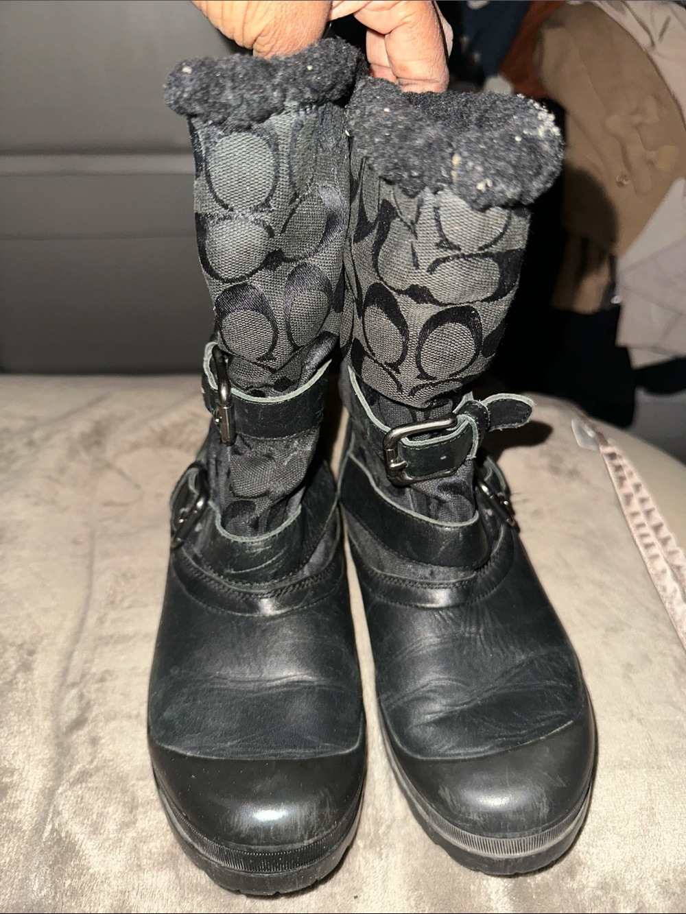 Coach Black Signature Jacquard Winter Boots with Buckle Accents